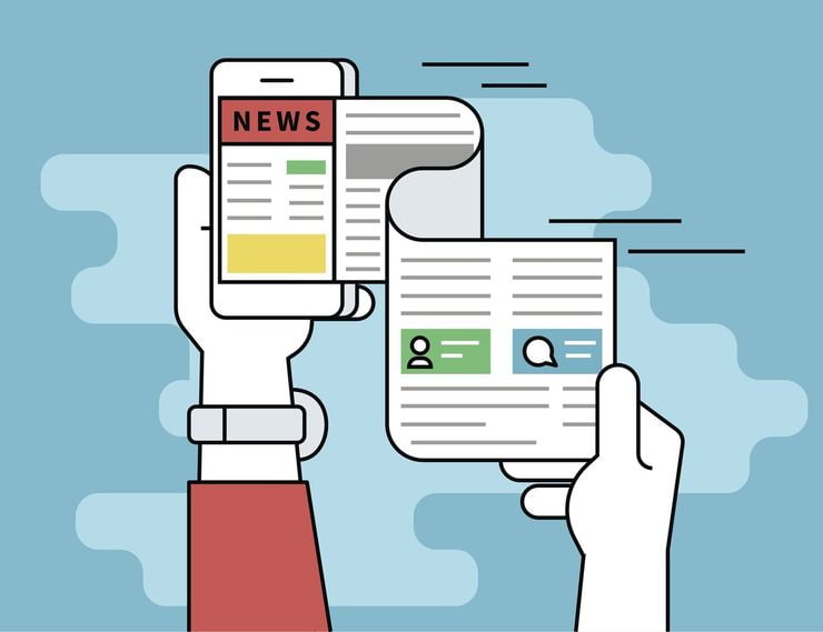 Ilustração representando uma espécie de folha de jornal saindo de um smartphone conectado a um site de notícias | Assessoria de imprensa online, suas atribuições e caminhos