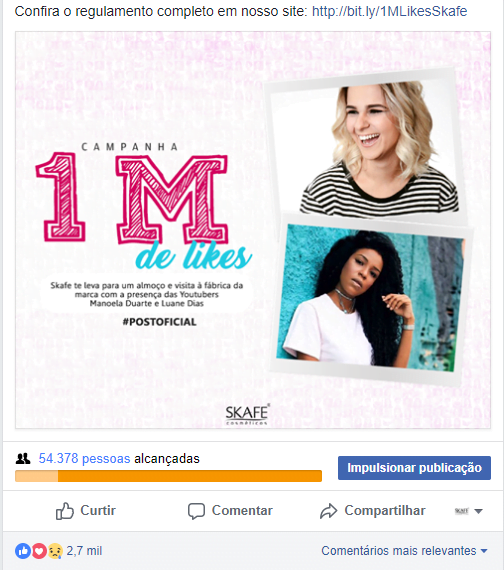 Post de campanha interativa da página da Skafe, com o objetivo de fazer a página atingir o primeiro milhão de curtidas | Dicas e segredos para criar uma fan page de sucesso