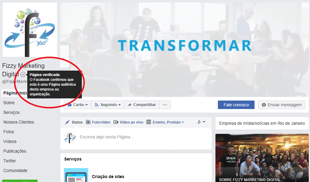 Fan Page da Agência Fizzing 360° possui selo de conta verificada para negócios locais | A importância do selo de verificação do Facebook
