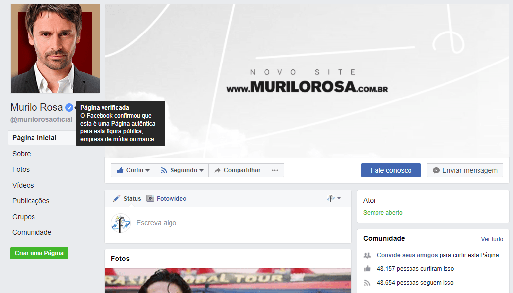 A Fan Page do Murilo Rosa no Facebook tem o selo de conta verificada | A importância do selo de verificação do Facebook
