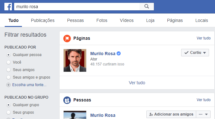 Página de Busca do Facebook mostra Murilo Rosa em Primeiro Lugar | A importância do selo de verificação do Facebook