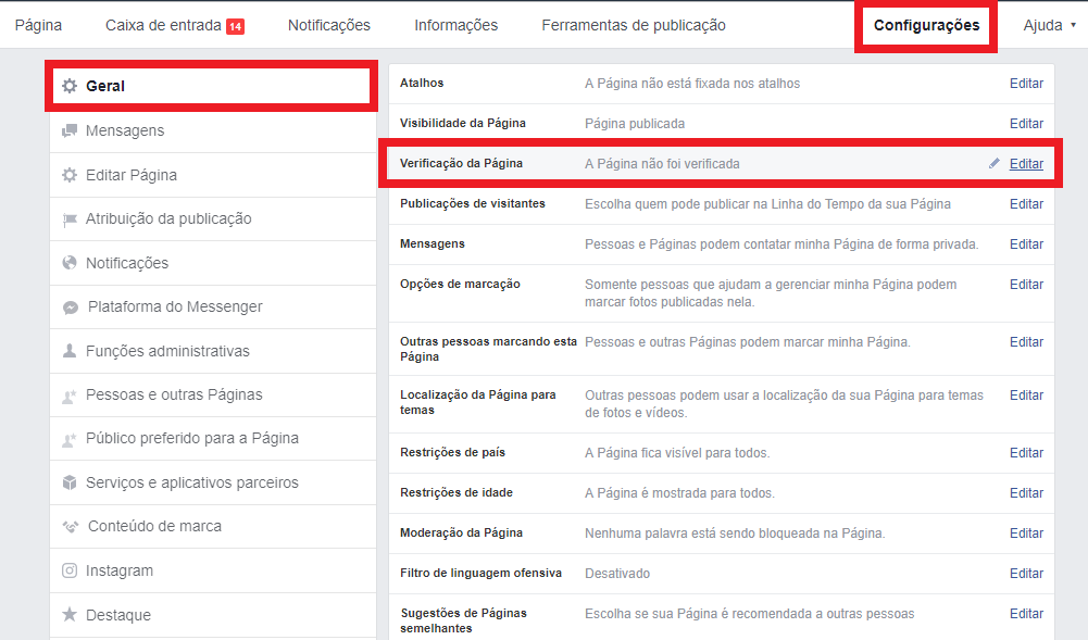 Página de configurações de fan page no Facebook com destaques em "configurações", "geral" e "verificação de página" | A importância do selo de verificação do Facebook