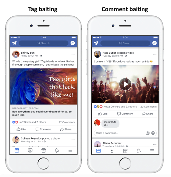 Exemplos de posts considerados pelo Facebook como engagement baits para marcar ou comentar
