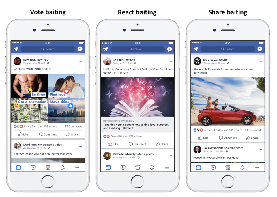 Exemplos de posts considerados pelo Facebook como engagement baits para gerar votos, reações ou compartilhamentos