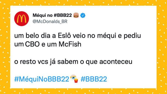 Tweet do McDonald's brincando com a falta de sorte da participante do BBB 22 Eslovênia, trazendo o seguinte texto: "um belo dia a Eslô veio no méqui e pediu um CBO e um McFish. O resto vcs já sabem o que aconteceu." 